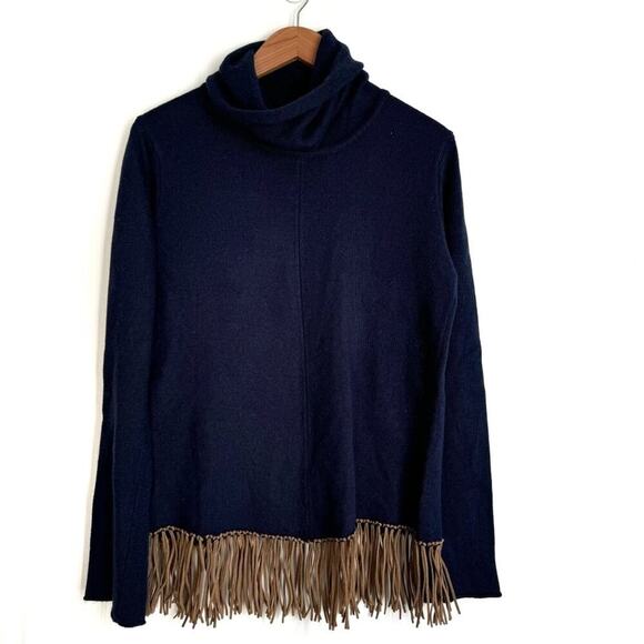 Kial navy cowl turtleneck sweater with fringe hem long sleeve sz S 5% cashmere - Picture 1 of 5